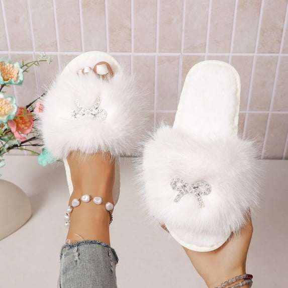 uublik Women's Fuzzy Slippers Cute Bow House Slippers for Women Soft Cozy Indoor Outdoor Lightweight House Shoes, White