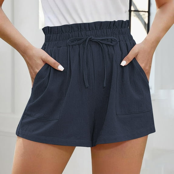 uublik Women's Gym Shorts Casual High Waisted Beach Shorts Wide Leg Drawstring Cute Summer Vacation Outfit Navy