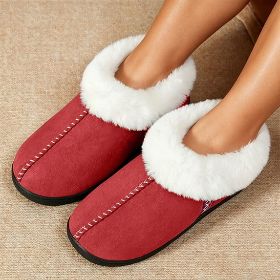 uublik Women's Indoor Outdoor Fuzzy Slippers Memory Foam Close-Toe Slippers Soft Fleece Indoor Shoes Indoor/Outdoor Slippers, Red