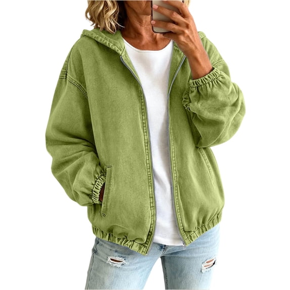 uublik Women's Jean Jacket Army Green Casual Long Sleeve Zip Up Denim Jacket Fall Coat