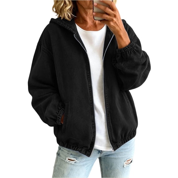 uublik Women's Jean Jacket Black Casual Long Sleeve Zip Up Denim Jacket Fall Coat