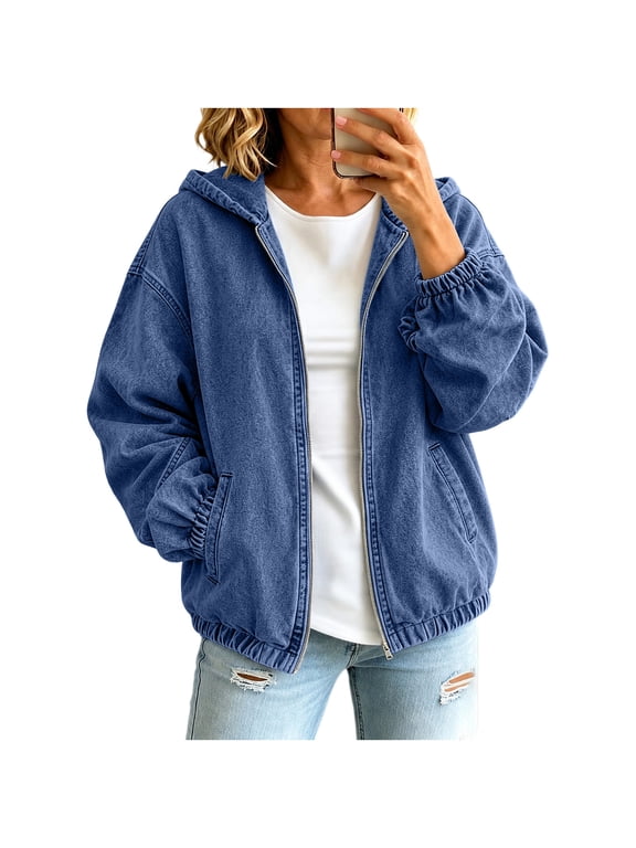 Women's Jean Jacket Dark Blue Casual Long Sleeve Zip Up Denim Jacket Fall Coat