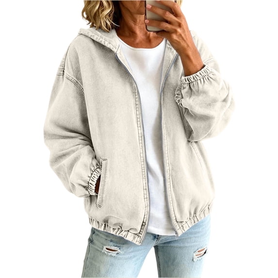 uublik Women's Jean Jacket White Casual Long Sleeve Zip Up Denim Jacket Fall Coat