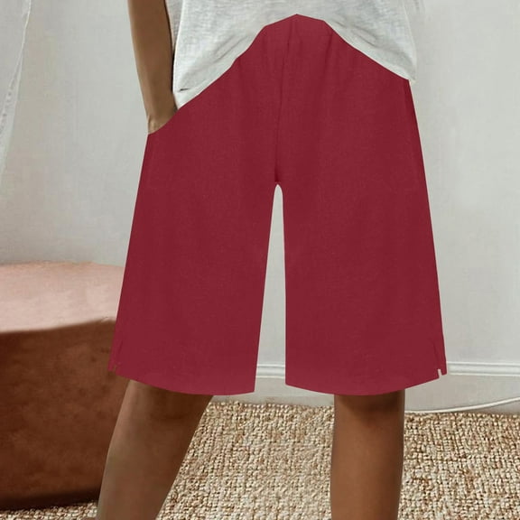 uublik Women's Linen Shorts Casual High Waisted Beach Shorts Wide Leg Drawstring Cute Summer Vacation Outfit Wine