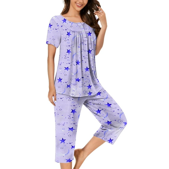 uublik Women's Pajamas Set Short Sleeve Sleepwear Tops and Capri Pants Pjs Print Pajama Sets
