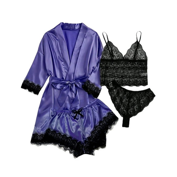 uublik Women's Robe Satin Pjs Sets 4Pcs Lace Cami Panties Shorts Sleepwear Summer Cute Loungewear Purple