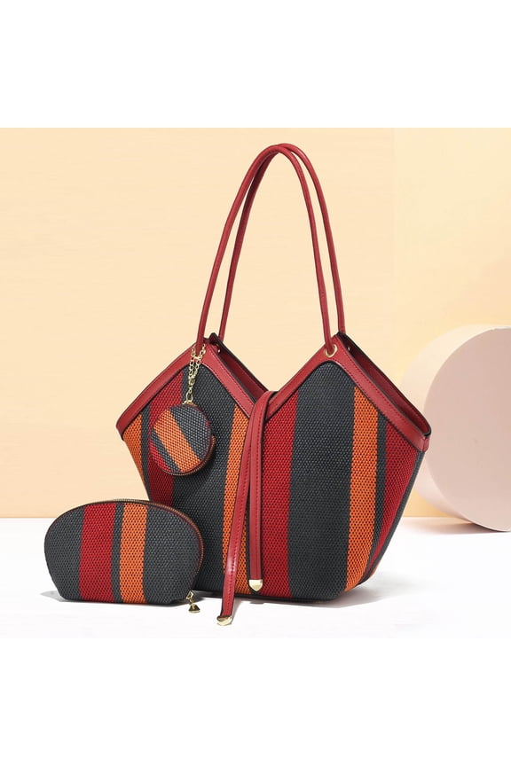 Womens Bag Casual Striped Large Capacity Versatile Color Blocked Trendy And Atmospheric Handbag Versatile, Red