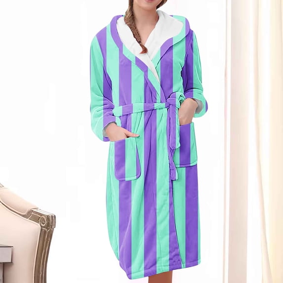 uublik Womens Bathrobe After Shower Flannel Robes Casual Long Sleeves Robes Winter Woman Bathrobe Nightwear Blue