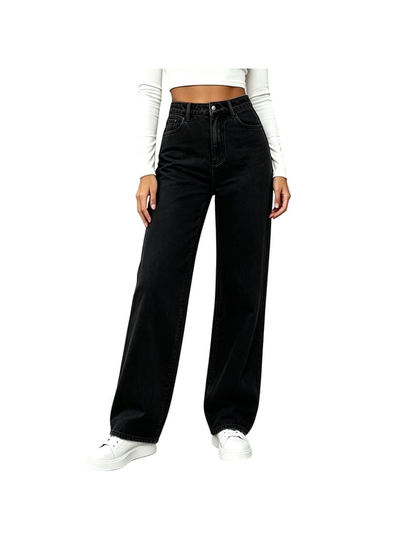 Womens Bootcut Jeans Black High Waist Pull On Stretchy Casual Baggy Denim Pants