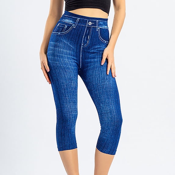 uublik Womens Capri Pants High Waist Jeggings Skinny Pants Pull on Leggings with Pockets Trendy Casual Pants, Blue