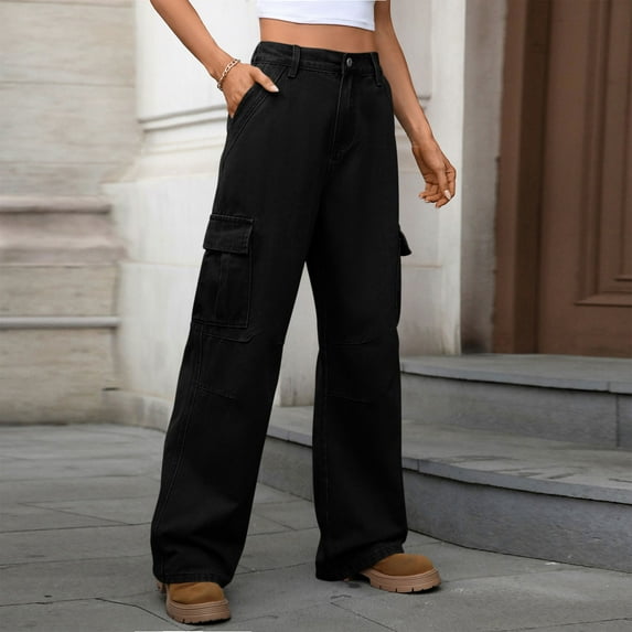 uublik Womens Cargo Pants Black High Waist Loose Sweatpants Casual Lounge Yoga Workout Palazzo