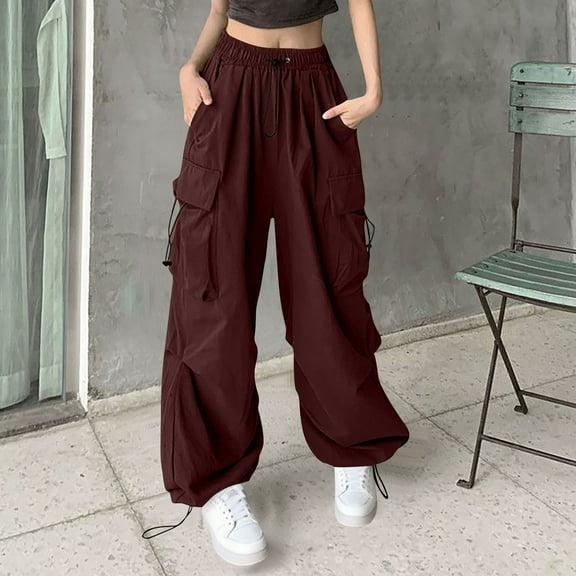 uublik Womens Cargo Pants Wine High Waist Loose Sweatpants Casual Lounge Yoga Workout Palazzo