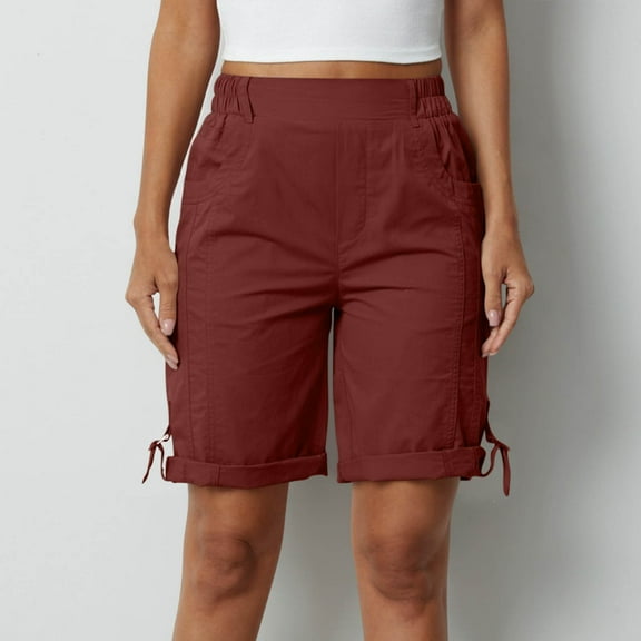 uublik Womens Cargo Shorts With Pockets Bermuda Knee Length Long Hiking Shorts with Pockets Elastic Waist for Summer Casual Trendy Outfits Brown