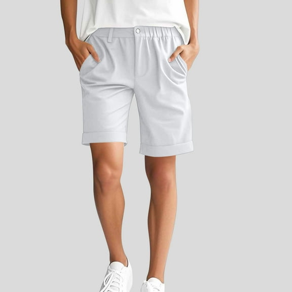 uublik Womens Cargo Shorts With Pockets Bermuda Knee Length Long Hiking Shorts with Pockets Elastic Waist for Summer Casual Trendy Outfits White