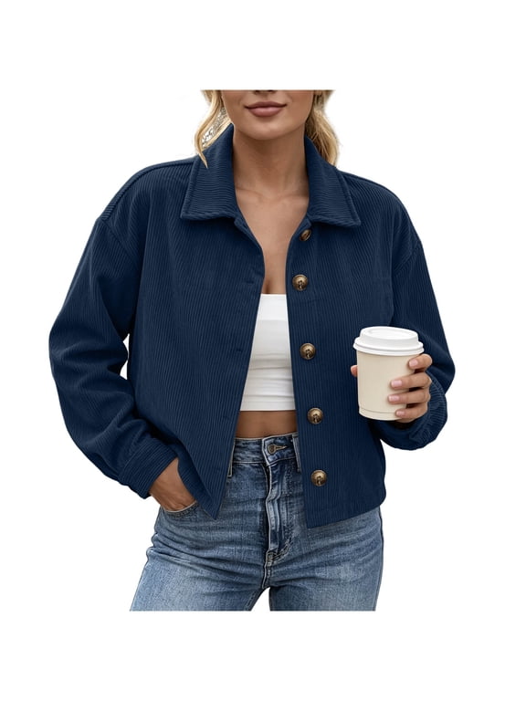 Womens' Corduroy Jacket Navy Button Front Lightweight Classic Casual Outerwear