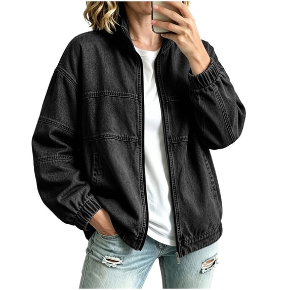 uublik Womens Denim Jacket Black Casual Long Sleeve Zip Up Denim Jacket Fall Coat