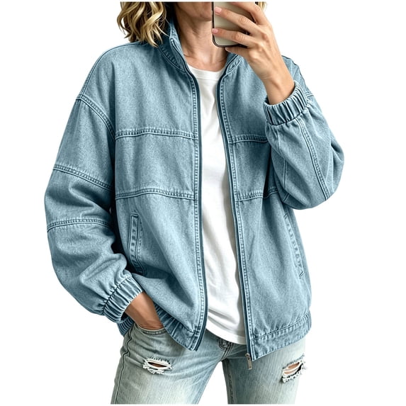 uublik Womens Denim Jacket Light Blue Casual Long Sleeve Zip Up Denim Jacket Fall Coat