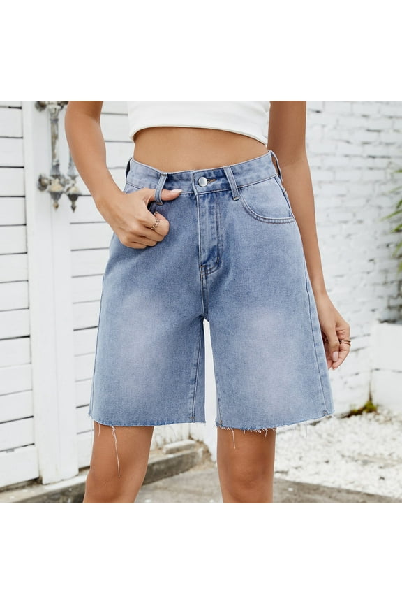 Womens Denim Shorts High Waisted Summer Casual Jeans Shorts Loose Jorts Knee Length Denim Blue, S-2XL