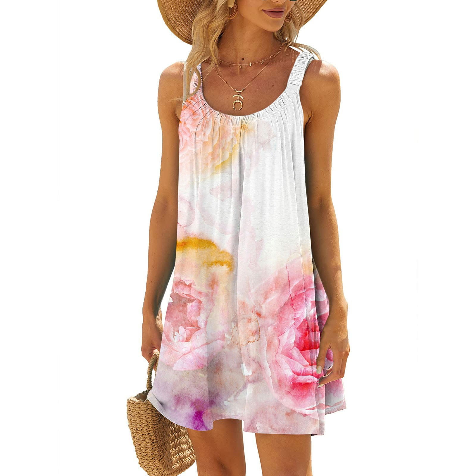 uublik Womens Dresses Summer 2024 Printed RoundNeck Sleeveless Loose