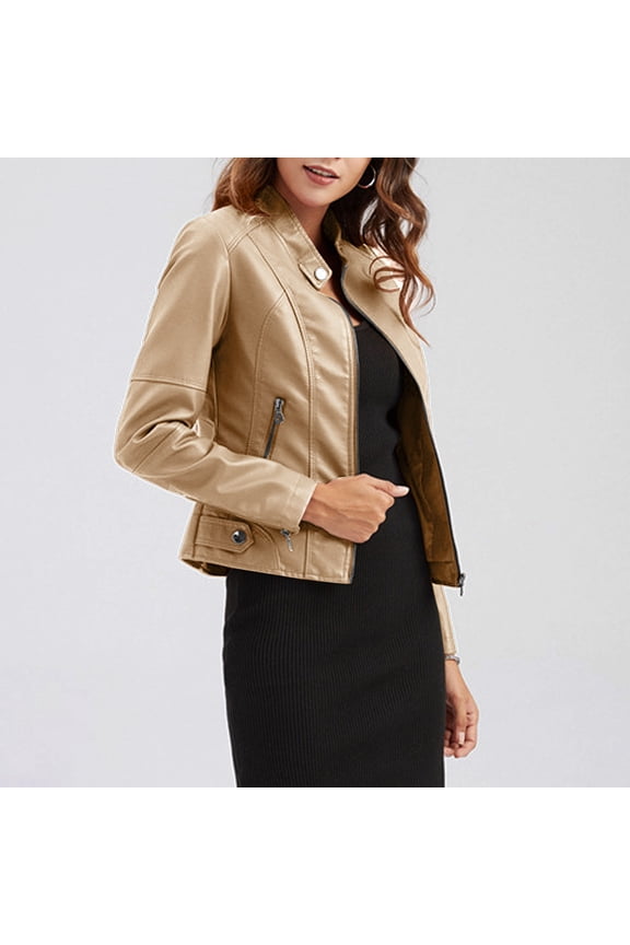 Womens Faux Leather Jacket Spring Fall Clothes Trendy Motorcycle Biker Coat Khaki