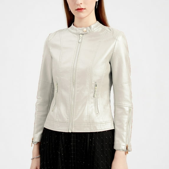 uublik Womens Faux Leather Jacket with Moto Details and Front Zip Pockets White