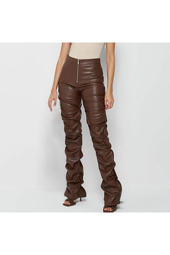 Womens Faux Leather Pants Skinny Personality Zipper Flare Faux Leather Pants, M, Coffee