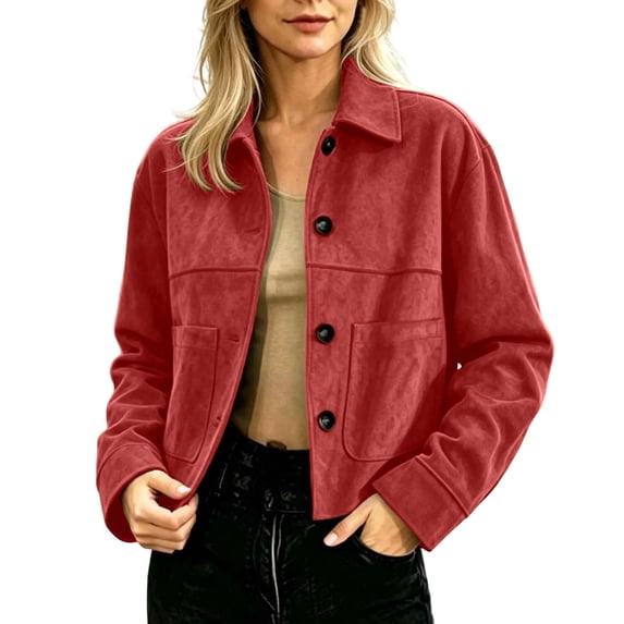 uublik Womens Faux Suede Jackets Red Long Sleeve Casual Button Down Motorcycle Coats Trendy Fall Clothes
