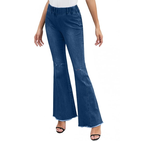 uublik Womens Flare Jeans High Waisted Pull On Bell Bottom Jeans Trendy Elastic Denim Pants, Dark Blue