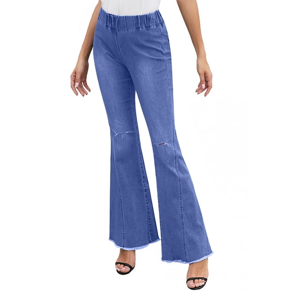 uublik Womens Flare Jeans High Waisted Pull On Bell Bottom Jeans Trendy Elastic Denim Pants, Light Blue