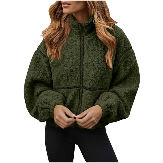 uublik Womens Fleece Jacket Army Green Stand Up Open Front Full Zip Warm Winter Outwear Jackets