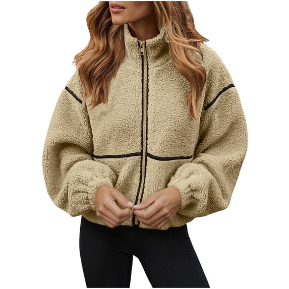 uublik Womens Fleece Jacket Beige Stand Up Open Front Full Zip Warm Winter Outwear Jackets