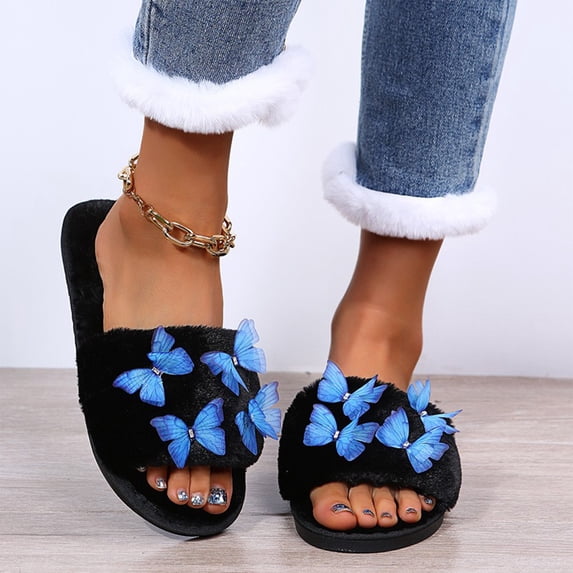 uublik Womens Fuzzy Slippers Indoor Home Slippers House Slippers Open-Toe Breathable Winter Indoor Slippers, Black