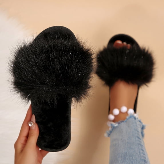 uublik Womens Fuzzy Slippers Indoor Home Slippers House Slippers Open-Toe Breathable Winter Indoor Slippers, Black