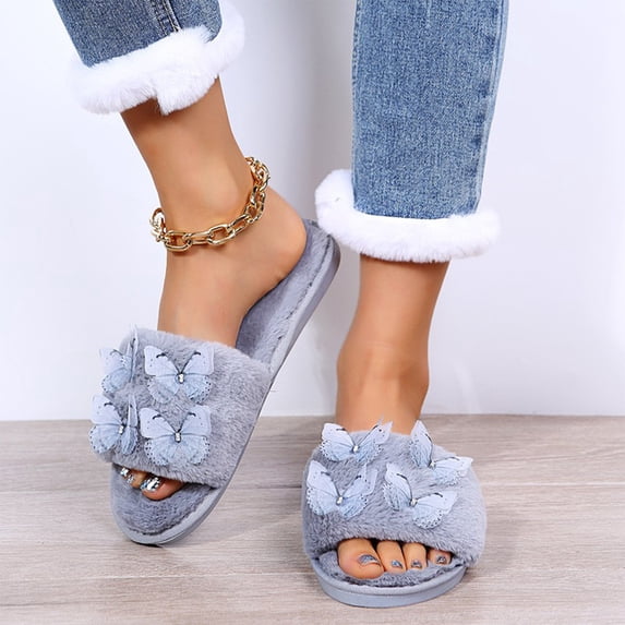 uublik Womens Fuzzy Slippers Indoor Home Slippers House Slippers Open-Toe Breathable Winter Indoor Slippers, Gray