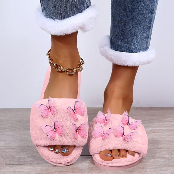 uublik Womens Fuzzy Slippers Indoor Home Slippers House Slippers Open-Toe Breathable Winter Indoor Slippers, Pink