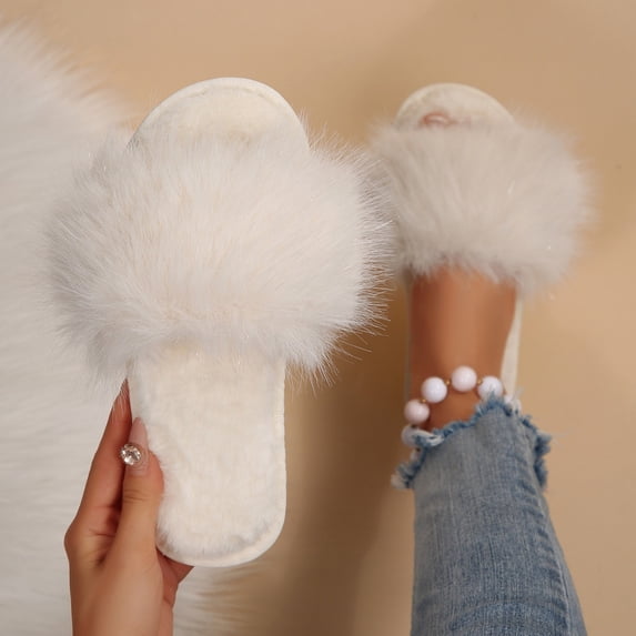uublik Womens Fuzzy Slippers Indoor Home Slippers House Slippers Open-Toe Breathable Winter Indoor Slippers, White