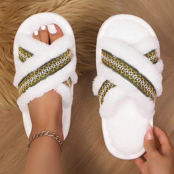 uublik Womens Fuzzy Slippers Open Toe Memory Foam House Shoes Indoor Outdoor Non Slip House Slides, White