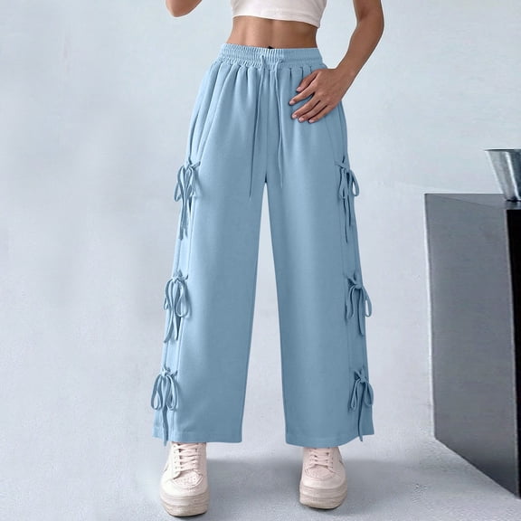Asgosdo Womens Hiking Pants Light Blue Wide Leg Sweatpants High Waisted Baggy Lounge Pants Athletic Joggers with Pockets