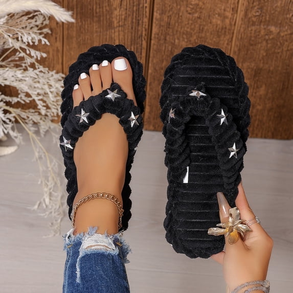 uublik Womens House Fuzzy Slippers Cozy Memory Foam House Shoes Soft Faux Fur Lightweight Slippers for Indoor Outdoor, Black