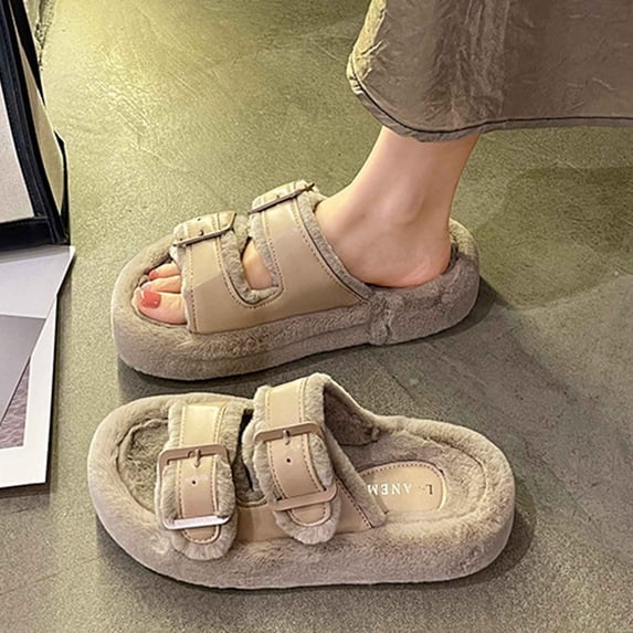 uublik Womens House Fuzzy Slippers Memory Foam Open-Toe Slippers Soft Fleece Indoor Shoes Indoor/Outdoor Slippers, Gray