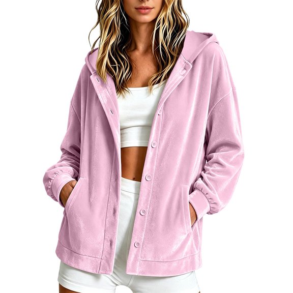 uublik Womens Jacket Pink Outdoor Button Down Casual Loose Casual Hooded Jacket Outerwear With Pockets