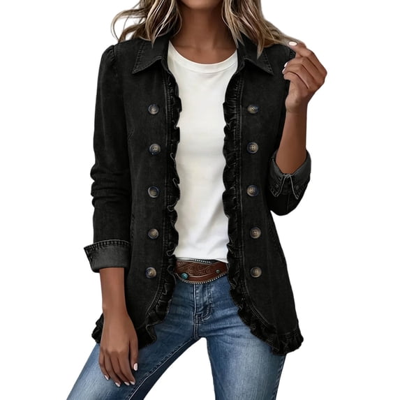 uublik Womens Jean Jacket Black Casual Long Sleeve Open Front Denim Jacket Fall Coat