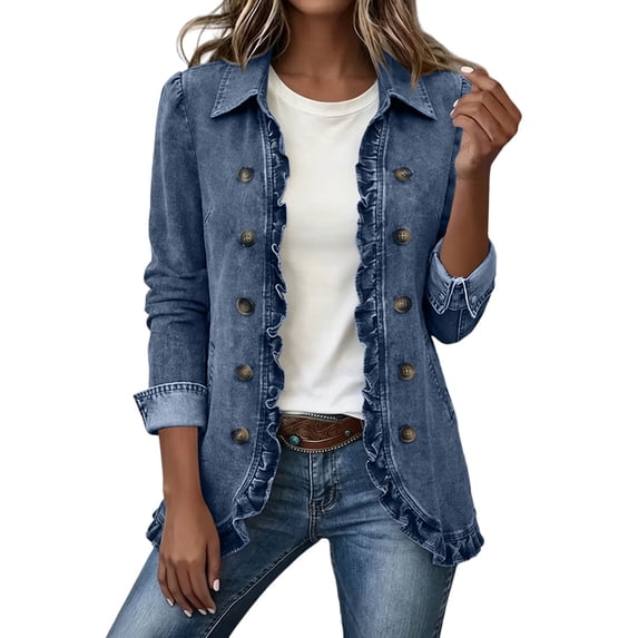 uublik Womens Jean Jacket Blue Casual Long Sleeve Open Front Denim Jacket Fall Coat