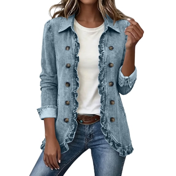 uublik Womens Jean Jacket Light Blue Casual Long Sleeve Open Front Denim Jacket Fall Coat
