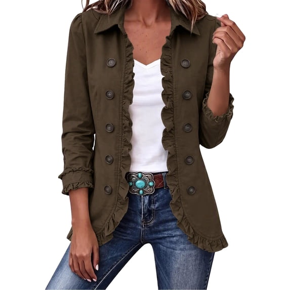 uublik Womens Lightweight Jackets Brown Outdoor Open Front Casual Ruffled Lapel Collar Fall Winter Coat