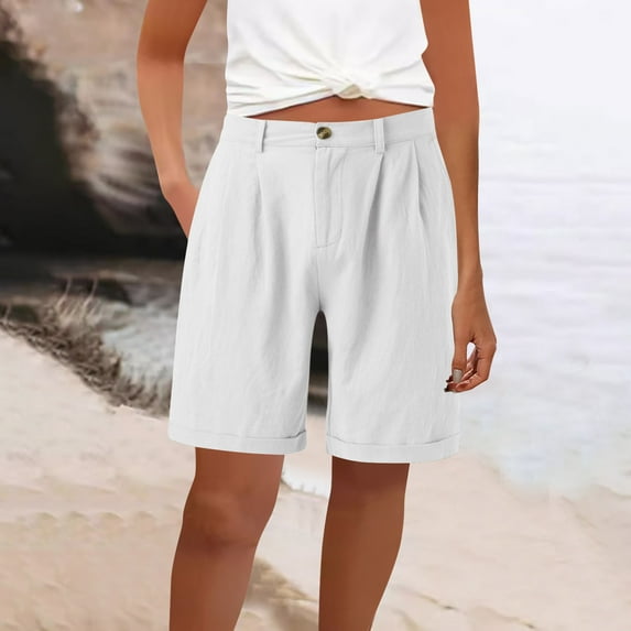 uublik Womens Linen Shorts Elastic Waist Drawstring Loose Wide Leg Shorts Summer Casual Beach Clothes White
