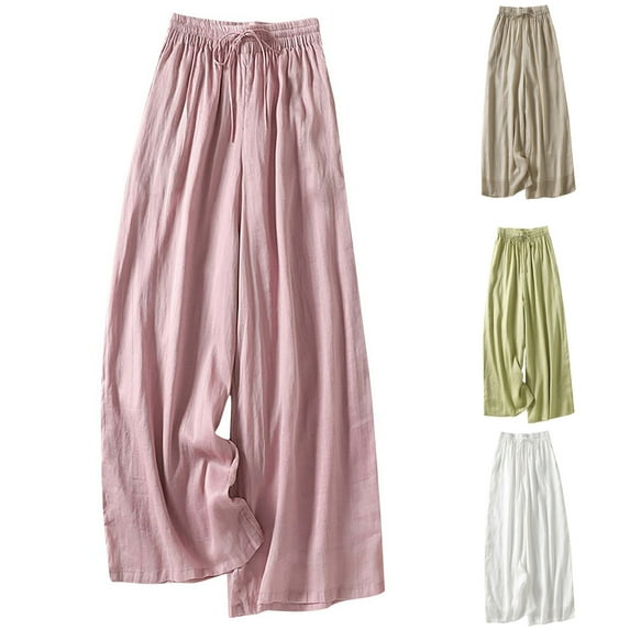 uublik Womens Linen Wide Leg Pants Pink High Waisted Wide Leg Trendy Strechy Loose Straight Cropped Pants with Pockets