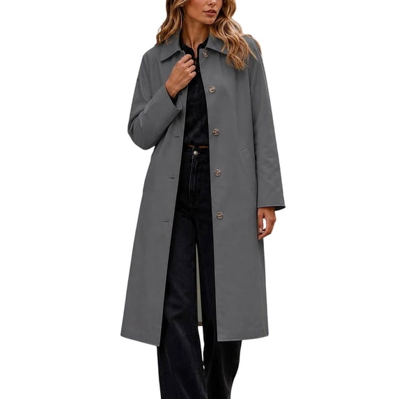 uublik Womens Long Trench Coat Dark Gray Long Sleeve Classic Overcoat Open Front Cardigan Jacket