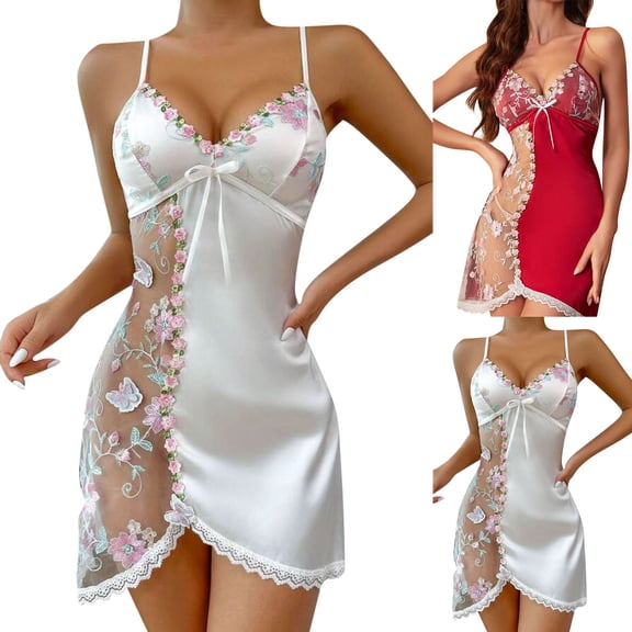 uublik Womens Pajamas Mesh Set Valentine's Day Night Gowns Soft Loungewear Sleepwear White
