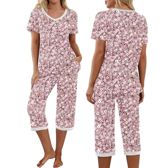 uublik Womens Plus Size Pajama Sets Short Sleeve Sleepwear Tops and Capri Pants Pjs Print Pajama Sets